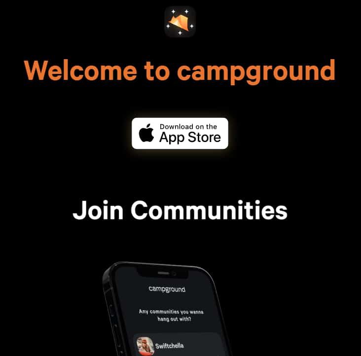 Campground.xyz home page states "Welcome to campground" and has a picture of its app for joining music communities