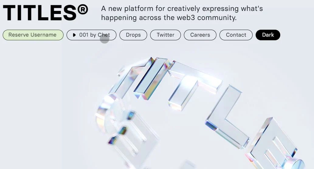 Titles.xyz homepage with the words "A fresh platform for creatively expressing what's happening across the web3 community."
