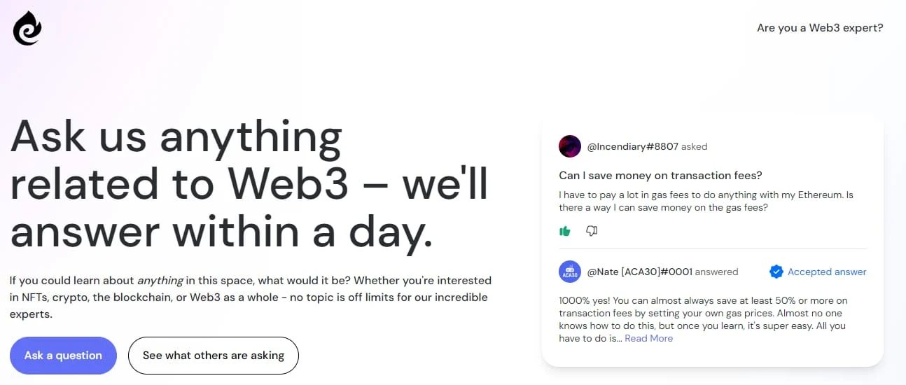 Webpage for Curious.xyz, which states "Ask us anything related to Web3 – we'll answer within a day."