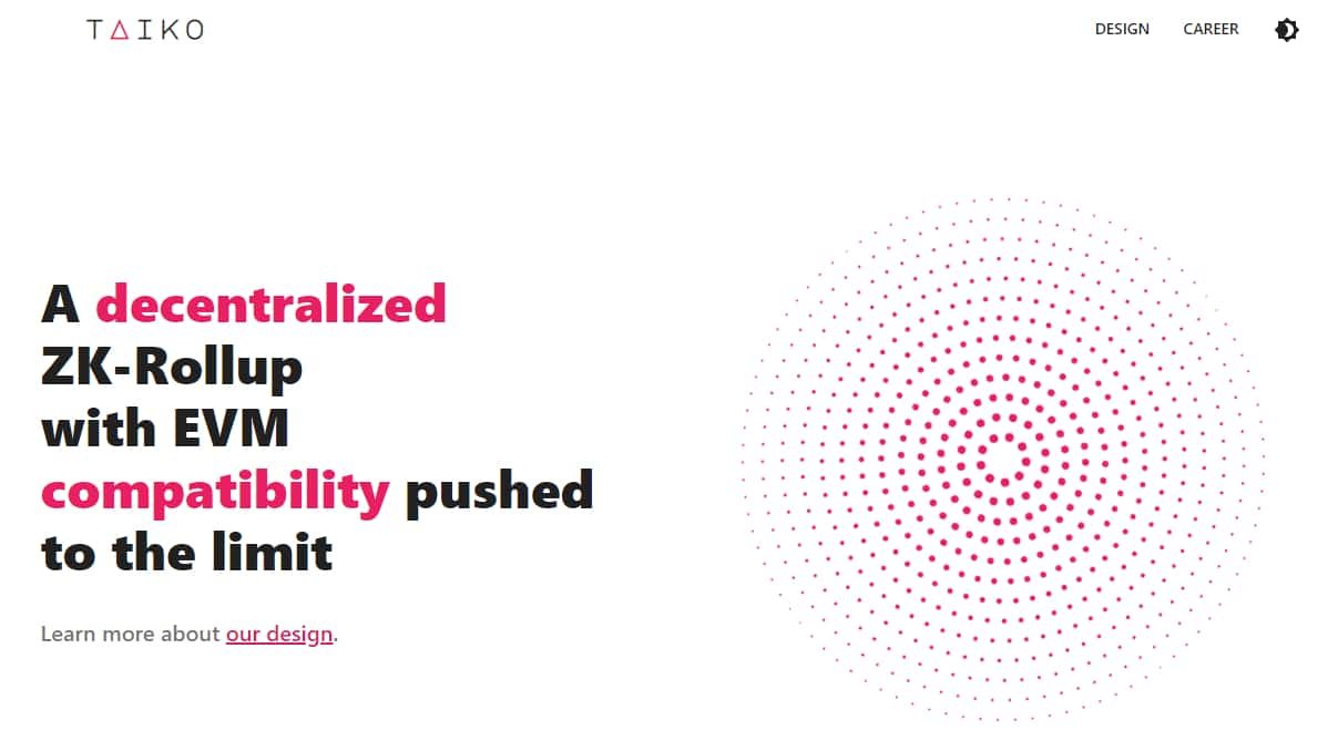 Taiko.xyz home page with the words "A decentralized ZK-Rollup with EVM compatibility pushed to the limit"