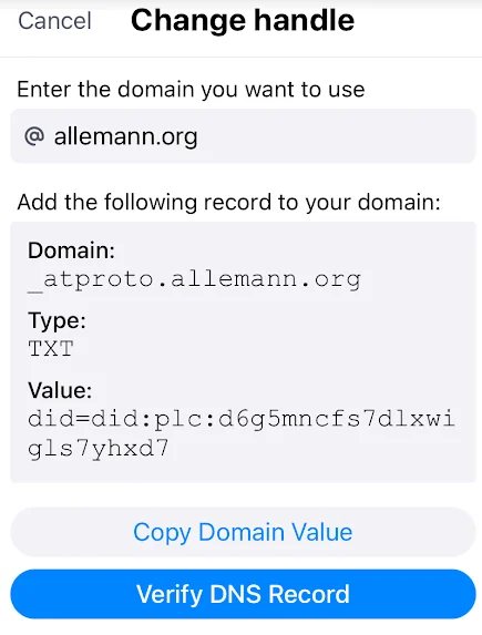 BlueSky Change Handle screen with TXT record DNS info