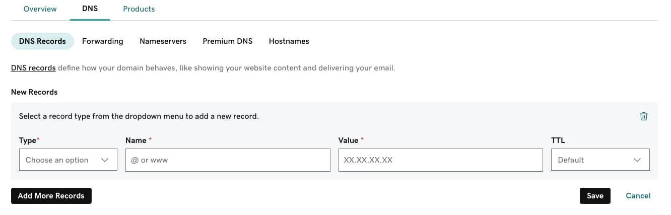 GoDaddy DNS change screen