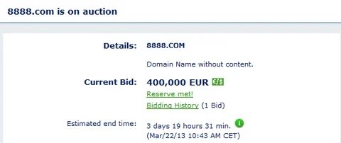 400,000 EUR bid on Sedo — 8888.com gets