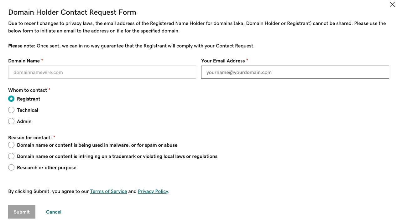 In GoDaddy’s Whois contact form — A flaw
