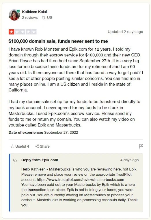 TrustPilot review of Epik