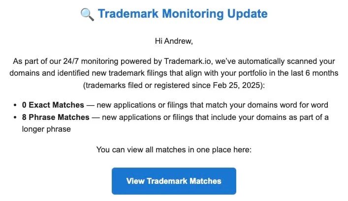 First trademark monitoring alert to domain sellers — Atom sends