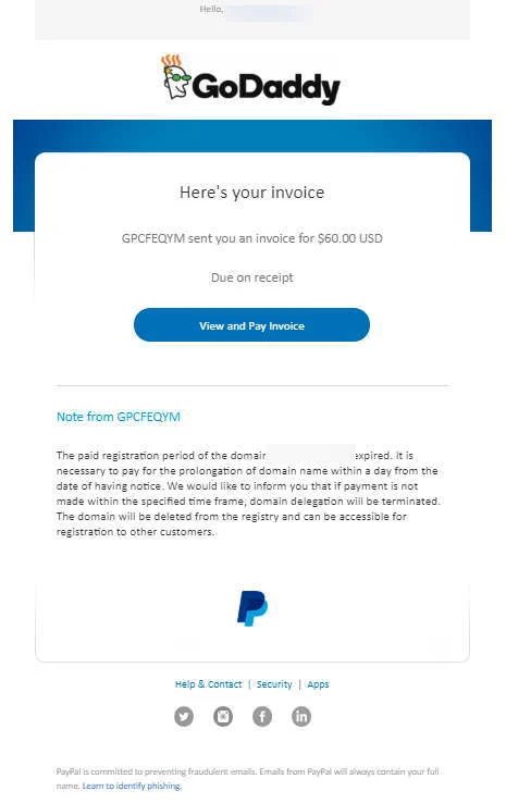 PayPal invoice for GoDaddy domains — Beware this