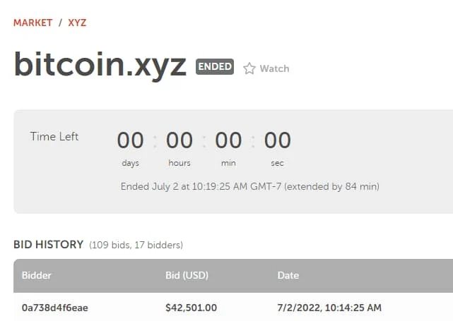 Bitcoin.xyz auction ends at $42,501