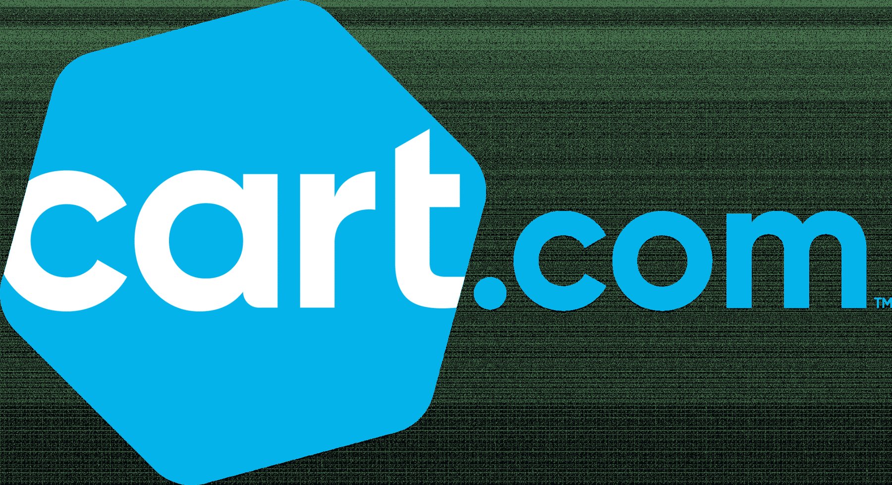 Logo for Cart.com has cart in white letters on a blue hexagon and .com in blue letters on a white background