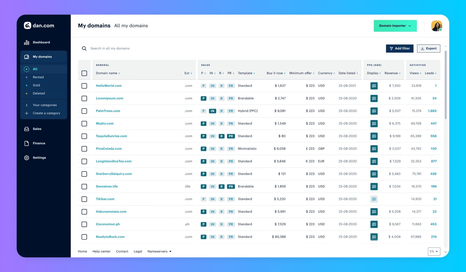 Picture of the DAN.com user interface counting fresh columns and features