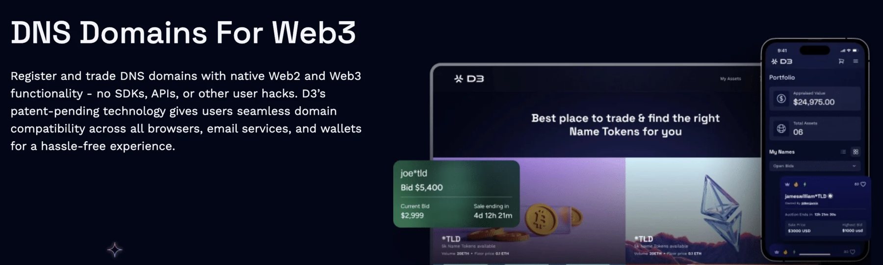 Image with words: DNS Domains For Web3Register and trade DNS domains with native Web2 and Web3 functionality - no SDKs, APIs, or other user hacks. D3’s patent-pending technology gives users seamless domain compatibility across all browsers, email services, and wallets for a hassle-free experience.