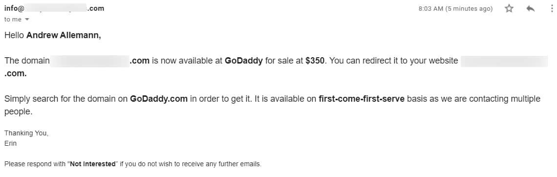 Promotes domain on GoDaddy — Domain-for-sale spammer