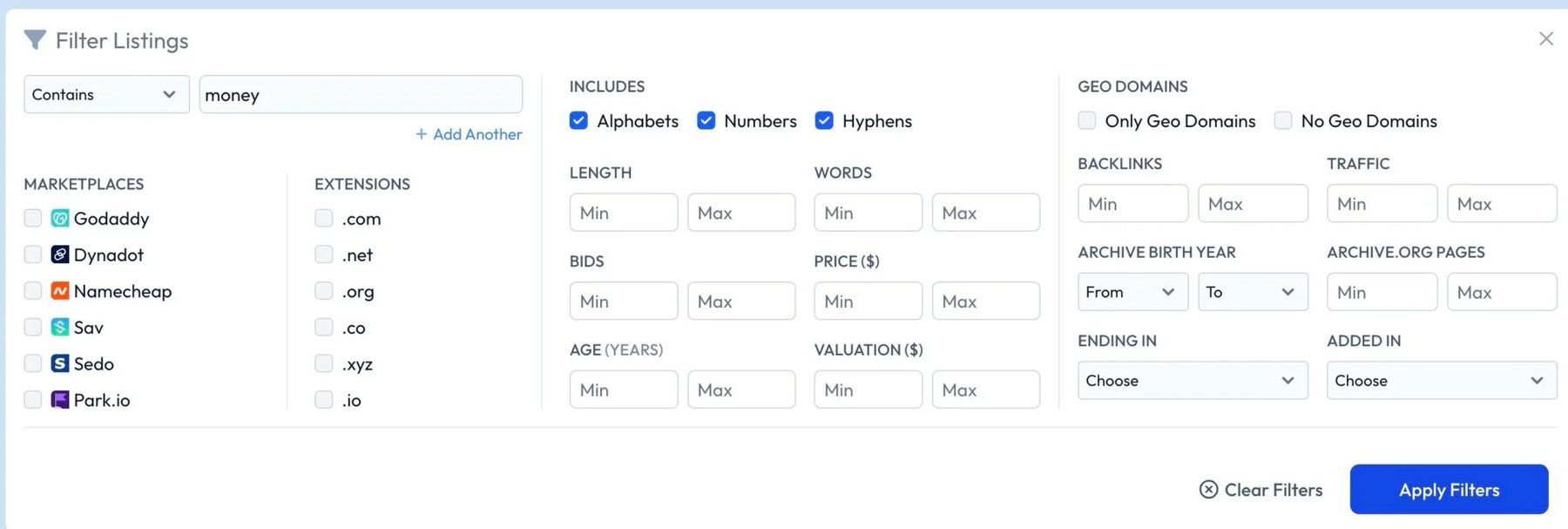 Domain360 filtering options