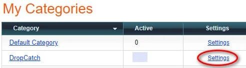 Image of settings link in NameBright categories