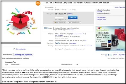 For sale on eBay: list of 25M firms that haven’t registered .xxx