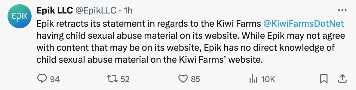 Epik retracts statement regarding Kiwi Farms