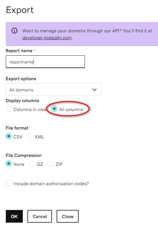 Screenshot of menu for exportable lists on GoDaddy