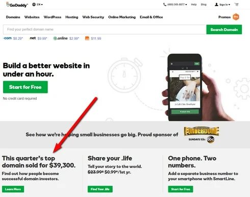 Domain investing on its homepage — GoDaddy promotes