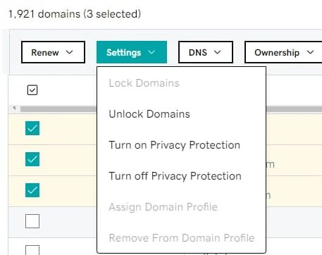 GoDaddy domain control panel with option to opt out of Whois privacy