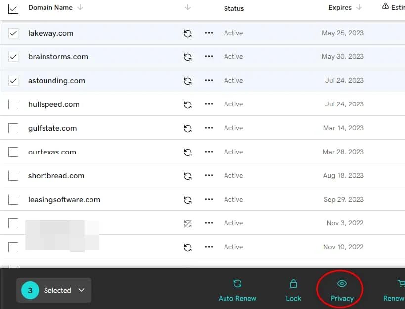 Screenshot showing GoDaddy beta account manager with option to opt out of Whois privacy