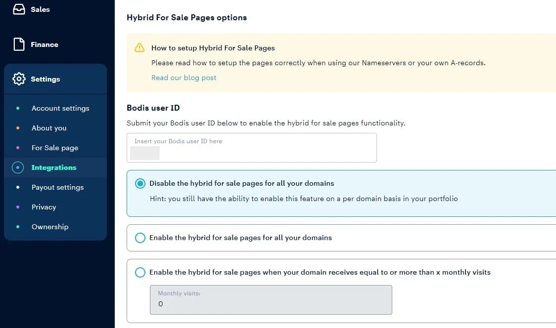 Dan.com account dashboard shows place to add Bodis.com username and select options for when to show pay-per-click ads