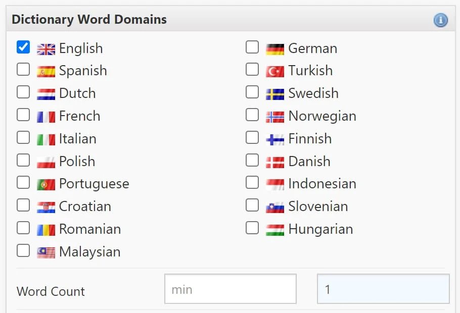 Picture of ExpiredDomains.com Dictionary Words box showing English language and one word max