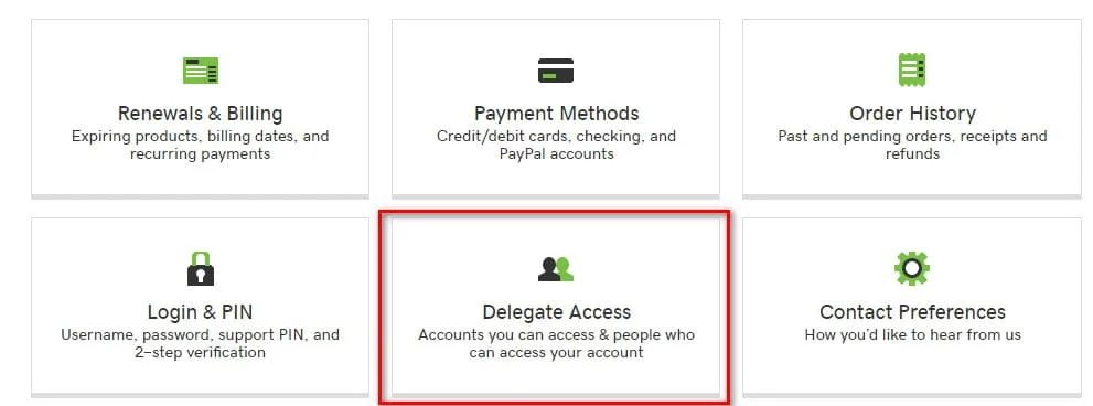 GoDaddy account manager with multiple options, counting Delegate Access