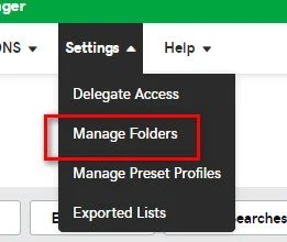 GoDaddy dialog box with option for Manage Folders