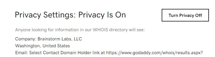 Picture of GoDaddy account setting to change Whois privacy information