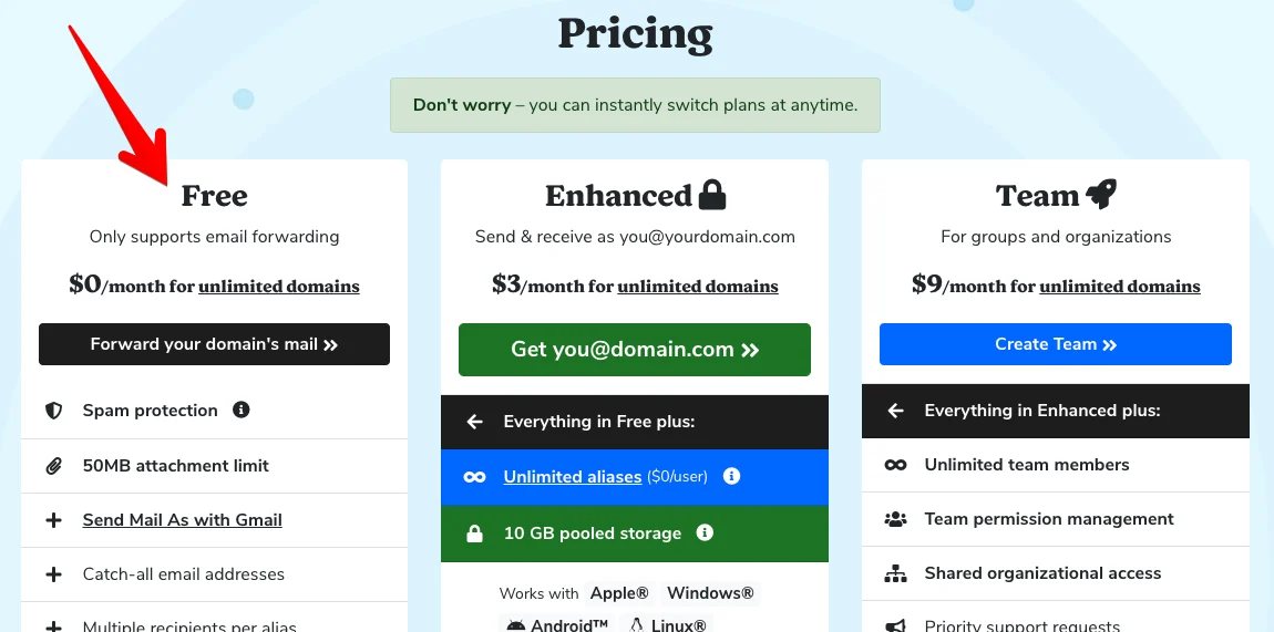 Pricing page for forwardemail.net includes a free tier.