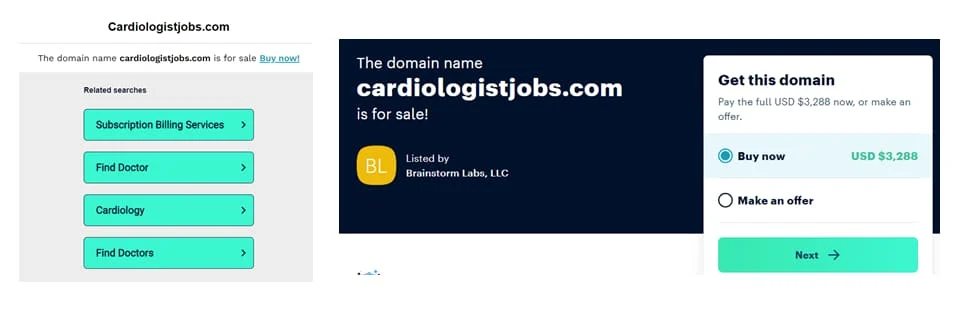 pay-per-click lander for cardiologistjobs.com and a for sale lander for the same domain