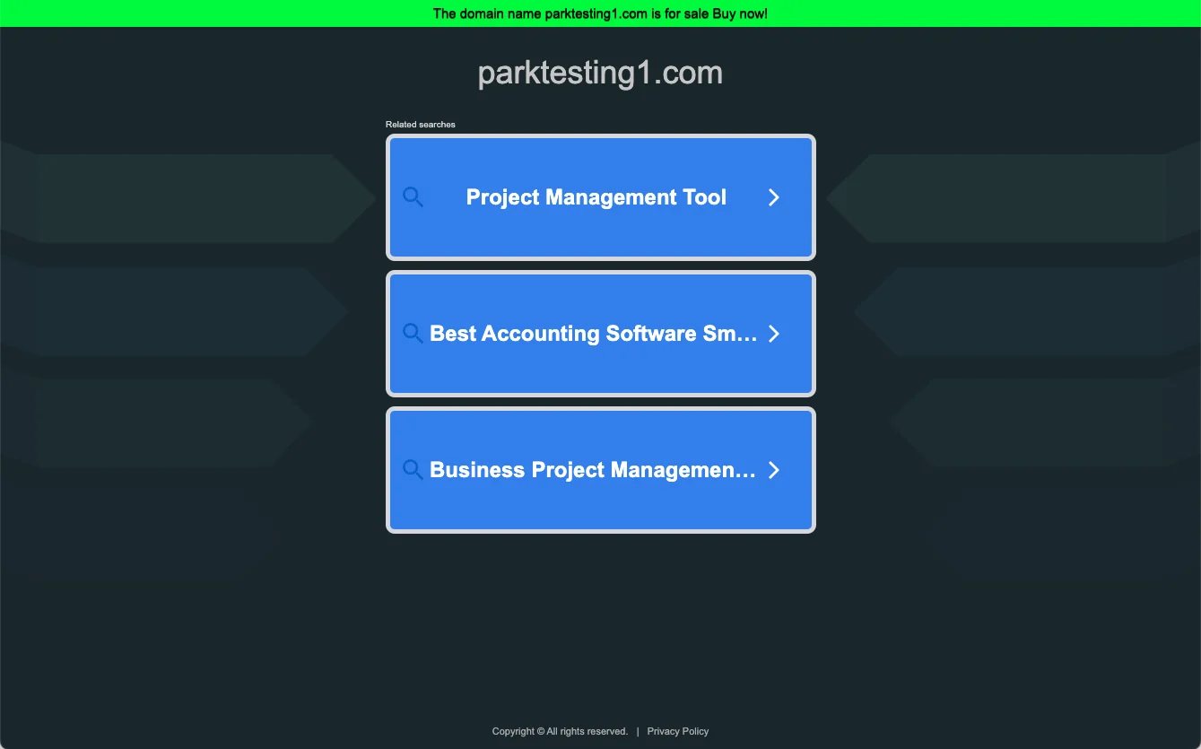Image of GoDaddy parking page with three ads and a link to buy the domain
