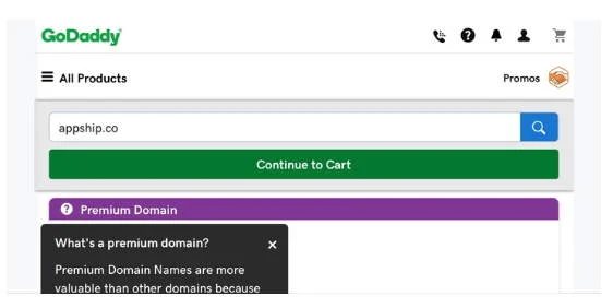 Screenshot of GoDaddy website with appship.co in the search box and Premium Domain definition below it.