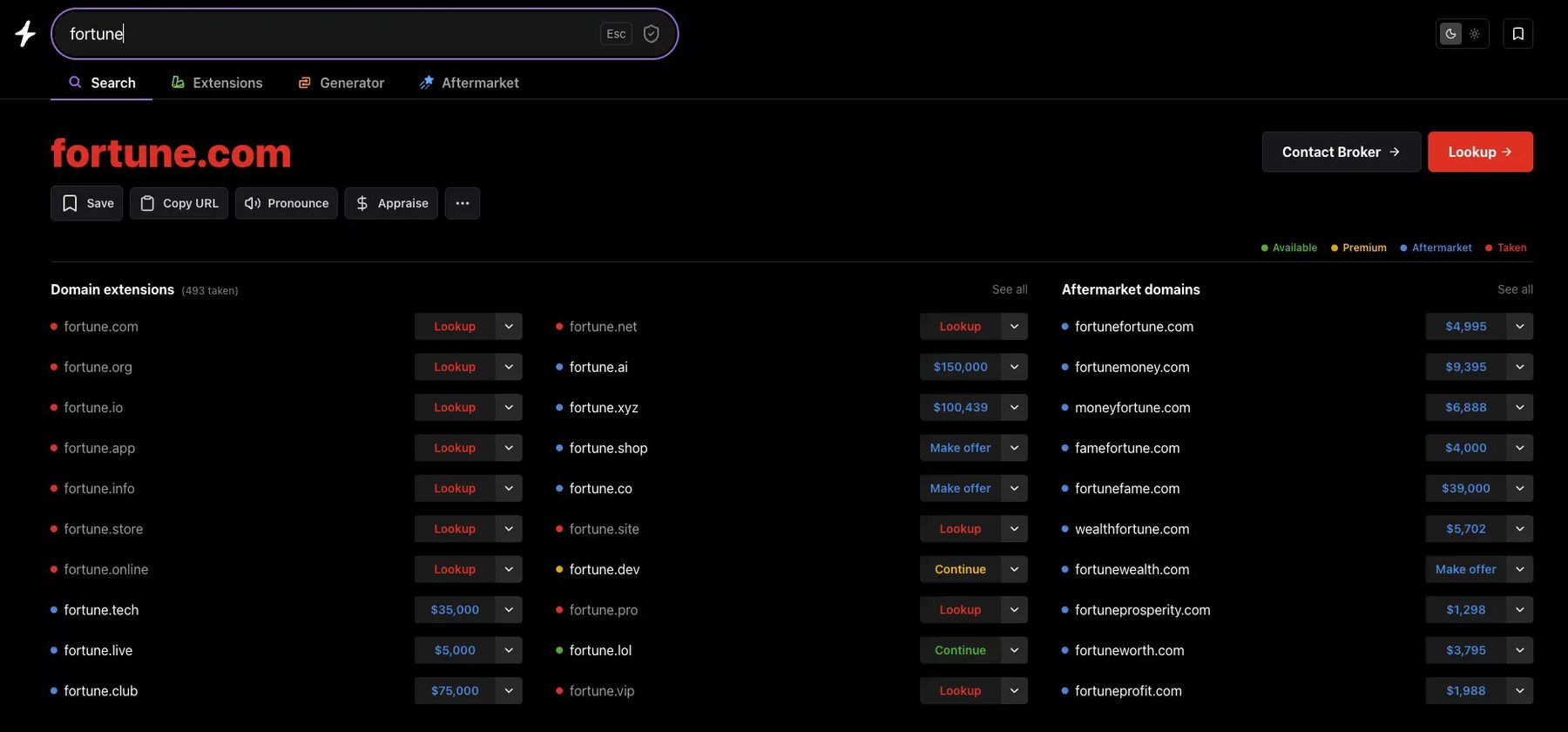 Instant Domain Search lookup for fortune