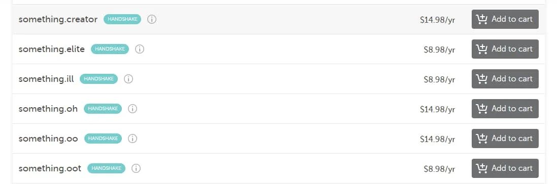 Picture of Namecheap domain search results with Handshake domains