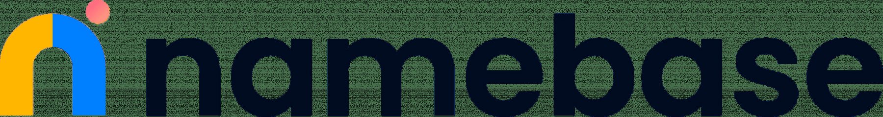 Logo for Namebase shows the letter N in yellow and blue with a red dot to the upper right and the words namebase in black characters