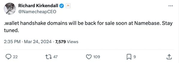 Vows to start selling .wallet Handshake names soon — Namecheap CEO