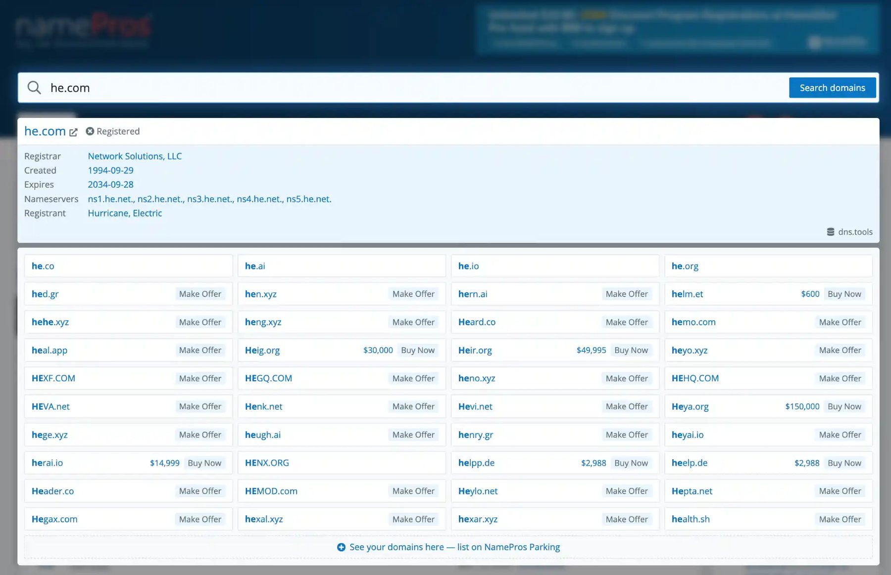 Domain search functionality, promotes for-sale domains — NamePros adds