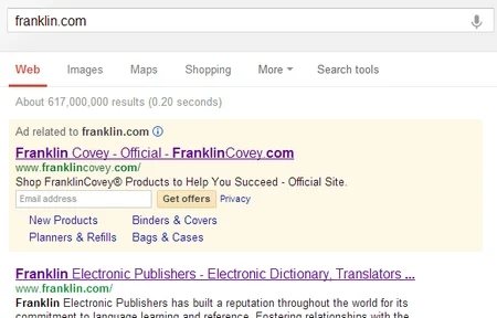 FranklinCovey sued for bidding on Franklin.com on Google Adwords: Not a win-win