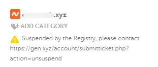Screenshot of domain name in Namecheap account with the message that the domain was suspended