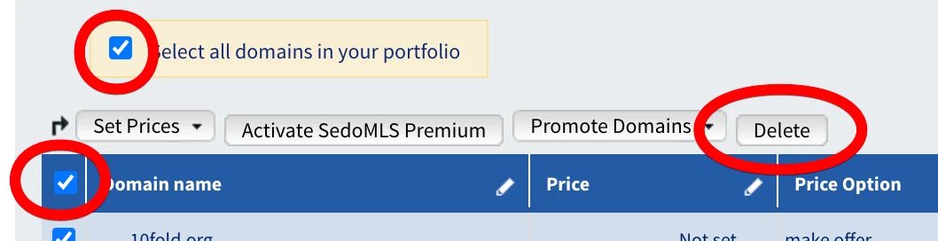 Sedo account interface for deleting domains