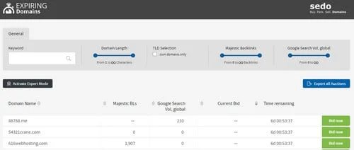 Expired domain auction search — Sedo improves