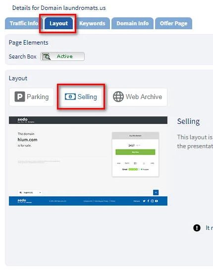 Graphic showing how to set up for-sale landers at Sedo. Click on Layout and then Selling.