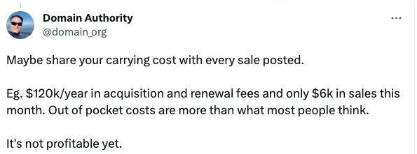 Maybe share your carrying cost with every sale posted. Eg. $120k/year in buyout and renewal fees and only $6k in sales this month. Out of pocket costs are more than what most people think. It's not profitable yet.