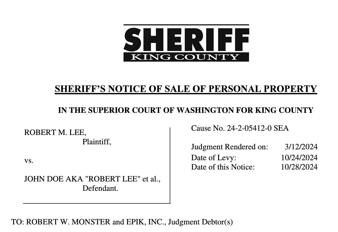 Sell Rob Monster’s silver and cars to satisfy judgment — Sheriff to