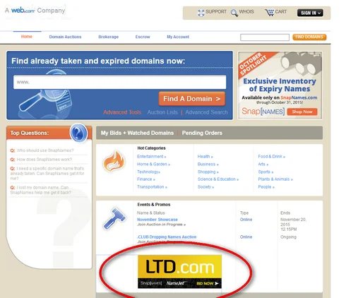 Promoting an auction at NameJet for LTD.com — SnapNames is