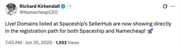 SellerHub tweet: Live! Domains listed at Spaceship's SellerHub are now showing directly in the registration path for both Spaceship and Namecheap!