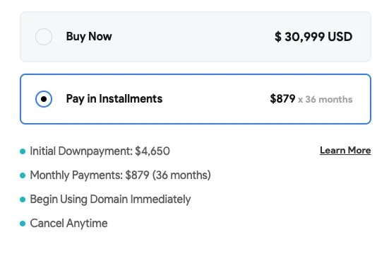 Squadhelp lander with down payment option