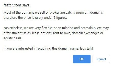 Message on Faster.com regarding buying the domain