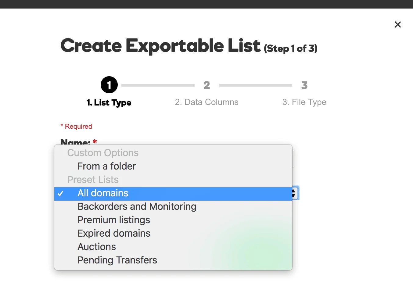 GoDaddy Create Exportable List - Step 1-2